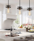 Farmhouse Vibe 5 Light Pendant Light For Kitchen Island Black Finish With Clear Glass Shades Long Hanging Fixture About 68 Inches