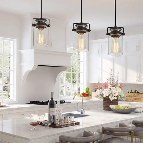 Farmhouse Vibe 5 Light Pendant Light For Kitchen Island Black Finish With Clear Glass Shades Long Hanging Fixture About 68 Inches