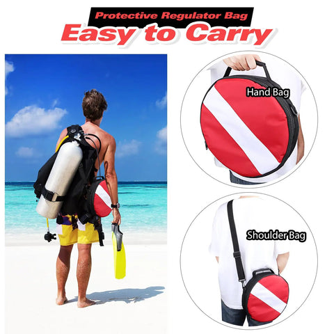 Diver carrying a Portable Scuba Regulator Bag For Divers Heavy Duty Protective Travel Case With Wet Dry Compartment And Built In PVC Pocket Shockproof 1050D Nylon Dive Gear Carrier With Adjustable Shoulder Strap on a beach.