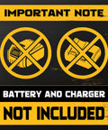 Image showing 'Important Note: Battery and Charger Not Included' for Cordless 4 Inch Cut Off Tool With Brushless Motor.