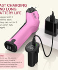 Heavy Duty Cordless Electric Scissors With A Badass 10000 Rpm Blade Assembly And Rechargeable 4v Battery System Built For Zero Sweat Fabric And Leather Trimming Projects with pink grip and charger.