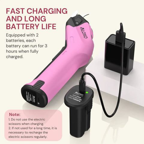 Heavy Duty Cordless Electric Scissors With A Badass 10000 Rpm Blade Assembly And Rechargeable 4v Battery System Built For Zero Sweat Fabric And Leather Trimming Projects with pink grip and charger.