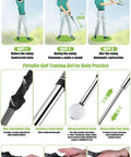 Retractable Golf Swing Trainer For Right Handed Players With Grip Aid And Arm Band showing usage and features.