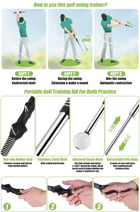 Retractable Golf Swing Trainer For Right Handed Players With Grip Aid And Arm Band showing usage and features.