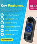Digital Pool Test Kit For Swimming Pools Spas And Hot Tubs Delivers Dead On Results For PH Free Chlorine And Calcium Levels showing features and handheld device.