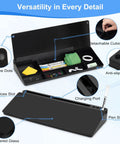 Glass Desktop Whiteboard With Storage And Keyboard Tray, black with built-in drawers and charging port, home office desk accessory.