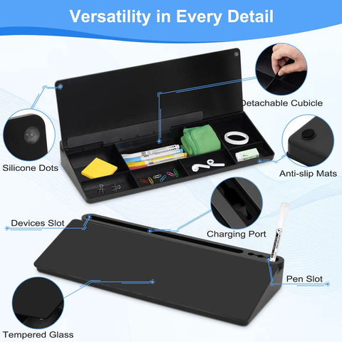 Glass Desktop Whiteboard With Storage And Keyboard Tray, black with built-in drawers and charging port, home office desk accessory.