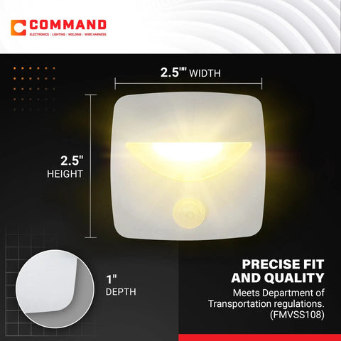12V LED Motion Activated Step Light For RVs Campers And Trailers Surface Mount With Clear Lens White Frame 2 Pack 2.5 By 2.5 Inch Includes Hardware And Connectors Durable Lighting For Boats, front view