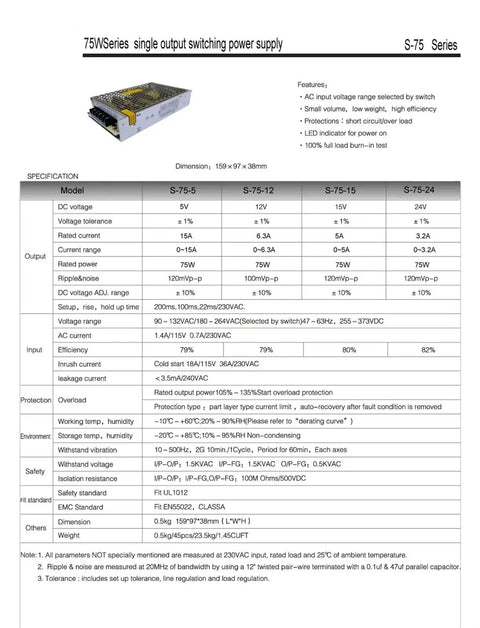 High Efficiency 75W 24V 3A Single Output Switch Mode Power Supply SMPS specifications sheet for industrial use