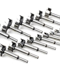 Heavy Duty 16 Piece Forstner Drill Bit Set With Precision Shear Serrated Edges, showing various sizes and shapes of sharp steel bits.