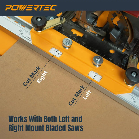 Rock Solid Circular Saw Guide Rail System For Dead Straight Rip Cuts On Plywood And Sheet Panels with cut marks for left and right blade saws.