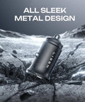 Dual USB C Car Charger 90W Fast Charge With 45W Per Port shown on rocky surface, sleek metal body design.