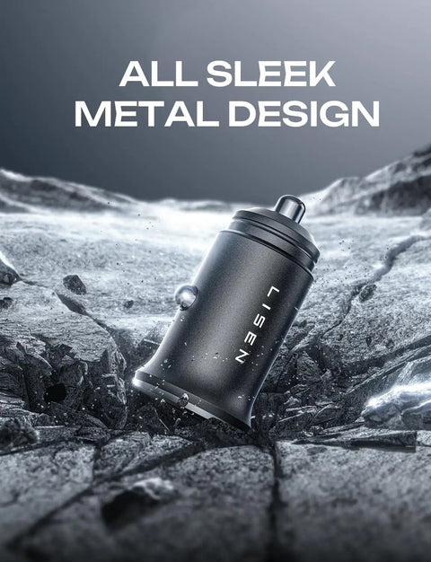 Dual USB C Car Charger 90W Fast Charge With 45W Per Port shown on rocky surface, sleek metal body design.