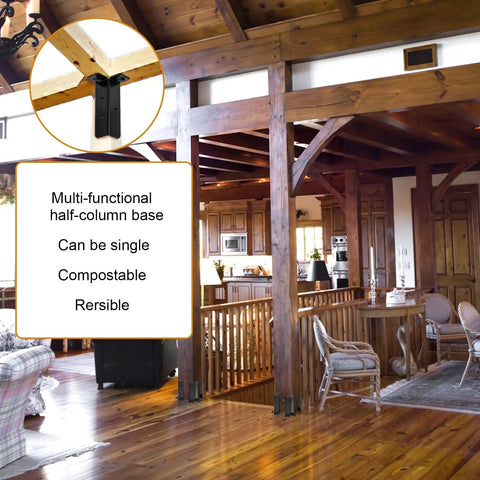 Interior room with wooden beams showing multi-functional half-column base with close-up inset, highlighting deck post anchor application.