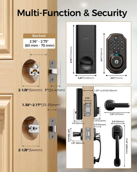 Diagram showcasing dimensions and components of Heavy Duty WiFi Video Smart Lock With Handle, 5 In 1 Keyless Entry System.