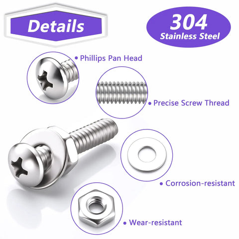 Top Shelf 720 Piece 304 Stainless Steel Machine Screws Assortment Kit with Phillips Pan Head, precise thread and wear-resistant design.