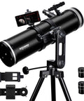 130mm Professional Astronomical Telescope With 650mm Focal Length For Bright Views Alt Az Mount With Fine Adjustment Dual Phone Adapters Moon Filter 65X And 32 Point 5X Magnification Ideal For Adults And Beginners, black telescope on tripod