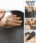 Peel And Stick Backsplash Tile Set, 5 Sheets Of 11.43 X 9 Inches, 3D Adhesive, No Glue Needed, Quick Install For Kitchen And Bathroom, Sefrou Green Finish being applied to a wall.