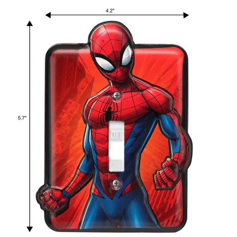 Spider Man Embossed Metal Light Switch Plate Decor For Bedroom And Man Cave Licensed Marvel Gear Durable Embossed Wall Switch Cover With Dope Hero Artwork showing Spider-Man on a vibrant embossed background, measuring 4.2 by 5.7 inches.