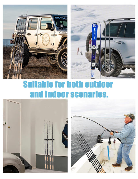 Magnetic Fishing Rod Holder Set For Garage And Truck Surfaces Portable Dual Pack With fishing rods and snowboards displayed.