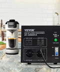 Beefy 3000W Voltage Transformer Converter for Home Use on kitchen counter with coffee maker, showing outlets and USB port.