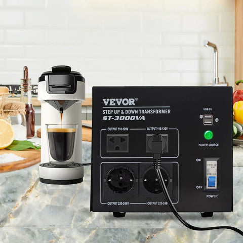 Beefy 3000W Voltage Transformer Converter for Home Use on kitchen counter with coffee maker, showing outlets and USB port.