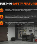 Built-in safety features for Lightweight Mini Electric Chain Hoist 1100 Lb Capacity include braking and limit switches.