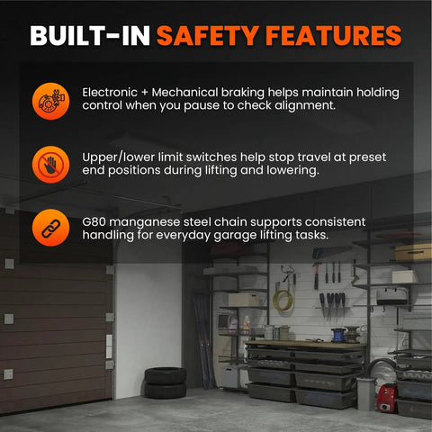 Built-in safety features for Lightweight Mini Electric Chain Hoist 1100 Lb Capacity include braking and limit switches.