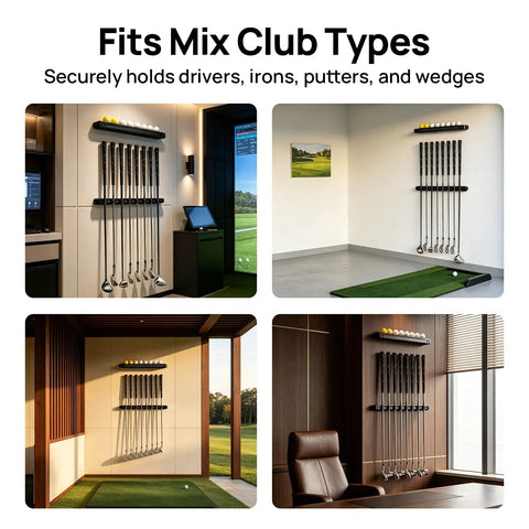 Dope Wall Mounted Golf Club Rack With 8 Clips And Golf Ball Display, Wooden Organizer in various room setups