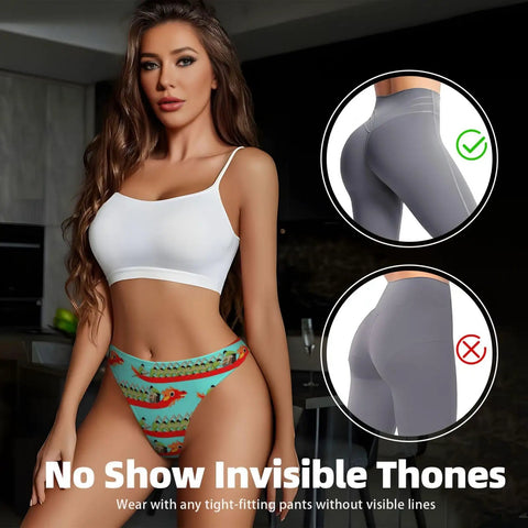 Woman wearing Dragon Boat Racing Inspired No Show Thong For Women Breathable Low Rise G String Underwear Soft Polyester Spandex Blend XX Large