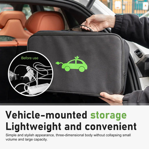 Portable Electric Vehicle Charger Cable Organizer Bag Featuring Slick Glide Zipper And Water Resistant Oxford Fabric To Keep Your Cords Tidy Protected And Totally Job Ready For Any Urban Commute, shown in use with cables.