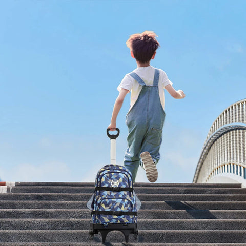 Child pulling Foldable Backpack Trolley With Aluminum Alloy Frame Six Wheel Luggage Cart for school on stairs.