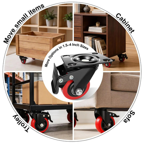 Heavy Duty 2 Inch Caster Wheels With Dual Brakes Silent Polyurethane Swivel Rollers showcasing mobility options on furniture and carts.