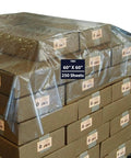 Clear LDPE Pallet Top Sheets 1 Mil Thick 60 X 60 Inch 250 Pack covering stacked boxes for dust and moisture protection.