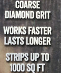 Text on the packaging of Wood Deck Removal Tool Four And A Half Inch For Rotary Flooring Machines And Angle Grinders Black Durable Build For Quick Deck Prep And Smoother Surfaces highlighting its coarse diamond grit for faster, longer-lasting performance stripping up to 1000 sq ft.