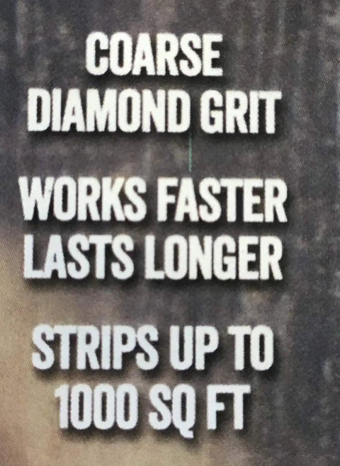 Text on the packaging of Wood Deck Removal Tool Four And A Half Inch For Rotary Flooring Machines And Angle Grinders Black Durable Build For Quick Deck Prep And Smoother Surfaces highlighting its coarse diamond grit for faster, longer-lasting performance stripping up to 1000 sq ft.