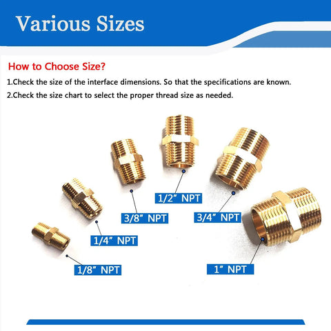 Two Pack Hex Brass Nipples 1 Inch NPT Male To 1 Inch NPT Male Pipe Fitting with size chart illustration