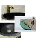 Retro Chinese Ceramic Bathroom Sink And Above Counter Wash Basin With Faucet Mirror Cabinet Four Piece Vanity Set Lotus Design close-up view of sink detail and faucet.