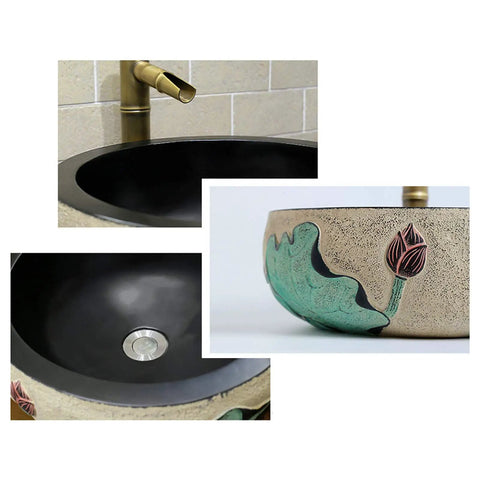 Retro Chinese Ceramic Bathroom Sink And Above Counter Wash Basin With Faucet Mirror Cabinet Four Piece Vanity Set Lotus Design close-up view of sink detail and faucet.