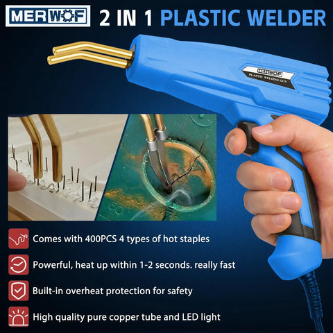 2 In 1 Plastic Welder And Hot Stapler Repair Kit With Smoothing Tips, showing device and hands using it, blue, 110V