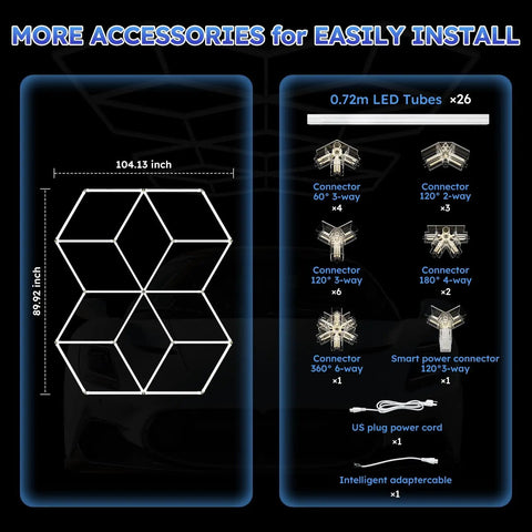 Diagram of Large Hexagon Diamond LED Lights 2 Pack For Garages Stores Conference Rooms And Auto Repair Shops Bright Even Illumination Across Wide Areas Game Changing Ceiling Lighting Solution, showing dimensions and connectors.