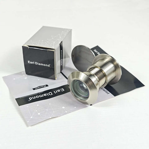 Solid Brass Door Peephole Viewer with 220 Degree HD Lens, heavy duty privacy cover, satin nickel finish, shown with packaging