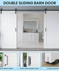 Front view of 72 by 96 Inch Double Barn Door With 12Ft Sliding Hardware Kit Included, Waterproof PVC Surface, White H Frame, installed.