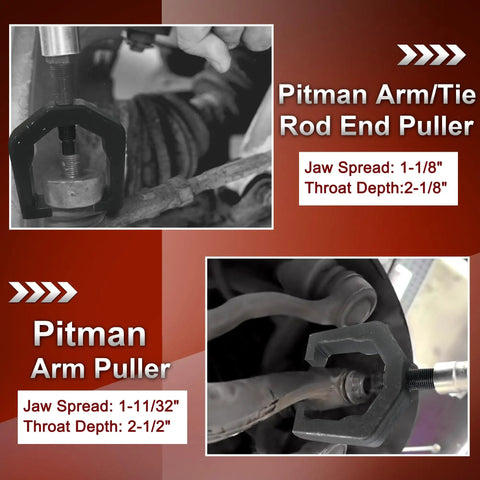 5 Piece Pitman Arm Puller Ball Joint Separator And Tie Rod End Tool Front End Service Kit Splitter Removal Kit For Cars And Light Trucks Includes Pitman Arm Puller Ball Joint Separator And Tie Rod End Tools For Easy Suspension Maintenance, jaw spread 1-1/8 in