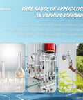 Three images of industrial and laboratory setups illustrating the use of capacitance sensors for non-contact liquid level detection.