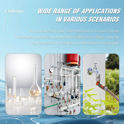 Three images of industrial and laboratory setups illustrating the use of capacitance sensors for non-contact liquid level detection.