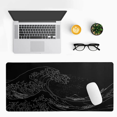 Japanese Sea Wave Large Mouse Pad Extended 31.5 By 11.8 Inches 3mm Thick Non Slip Rubber Base Desk Mat For Gaming And Office