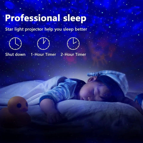 Child sleeping with Epic Galaxy Star Projector Ocean Wave Nebula LED Night Light creating soothing sky patterns in bedroom