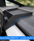 Center Console Organizer For Tesla Cybertruck Behind Screen Storage Tray installed on dashboard with non-slip mats.