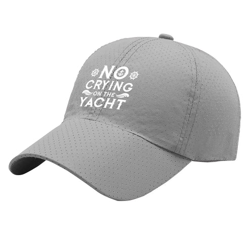 Men's Dope Breathable Light Gray Tennis Cap, Lightweight Adjustable Baseball Hat with text 'No Crying on the Yacht' front view.